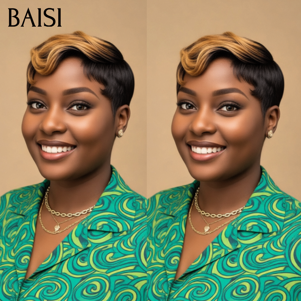 BAISI sans Colle water wave Mixte Miel 50€ ou 13X4 lace Perruque Pixie finger wave en Couleurs NOIR 56€ En 100% Cheveux Humains FR38