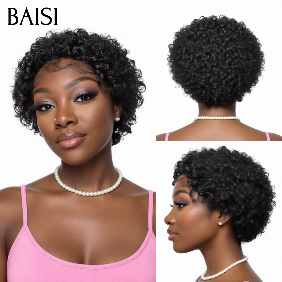 BAISI Perruque Pixie 13x4 lace curly wave ou finger wave sans Colle sans lace Couleurs Bordeaux 99J# en 100% Cheveux Humains