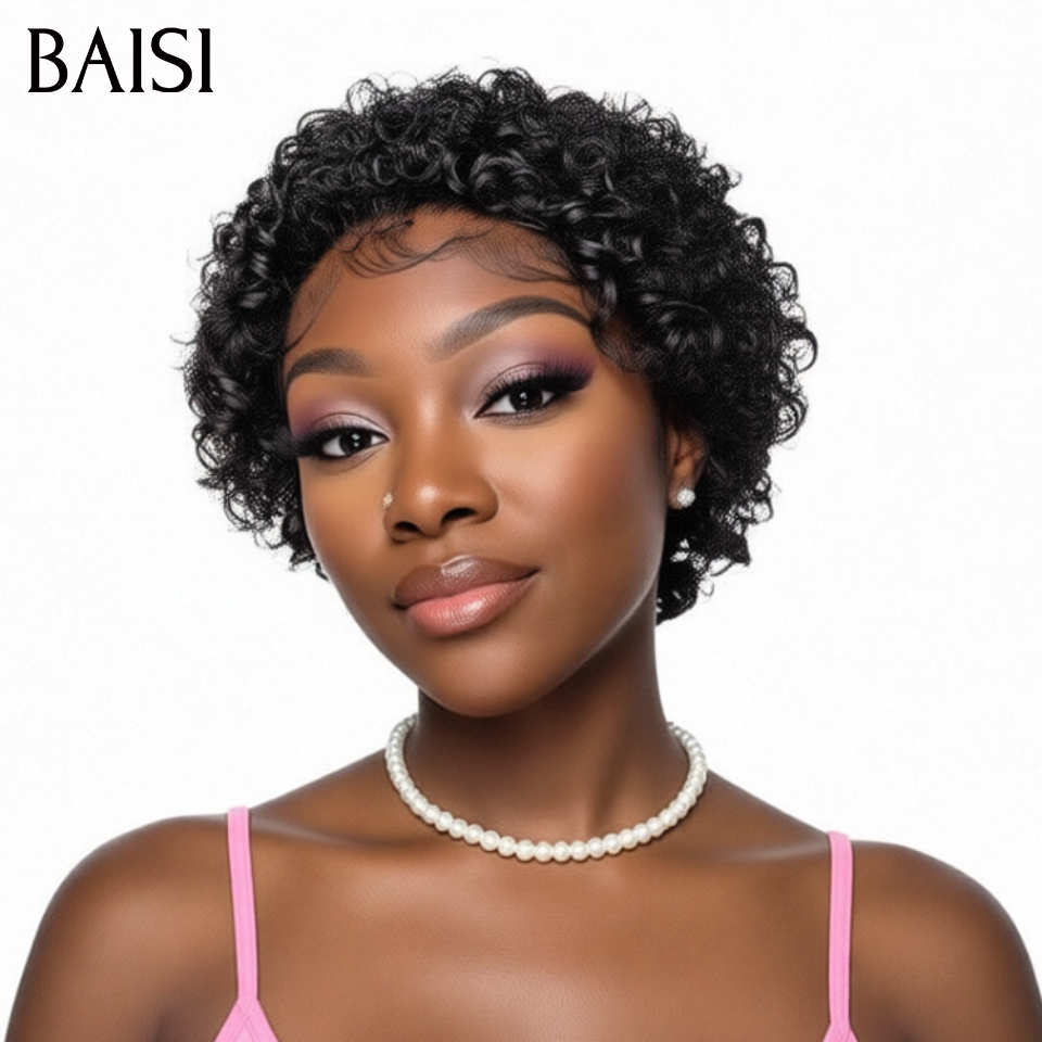 BAISI Perruque Pixie 13x4 lace curly wave ou finger wave sans Colle sans lace Couleurs Bordeaux 99J# en 100% Cheveux Humains