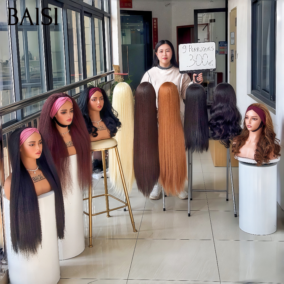 BAISI 9 Perruques 300€ en Blended human hair Lisse avec Frange ou perruque bandeau sans Colle Fabriqué à la Machine raw hair