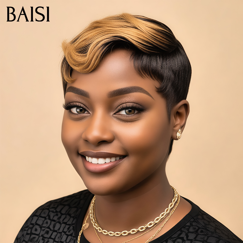 BAISI Perruque pixie water wave Miel sans Colle Fabriqué à la Machine 48€ Facile à porter Comme la photo en 100% Cheveux Humains