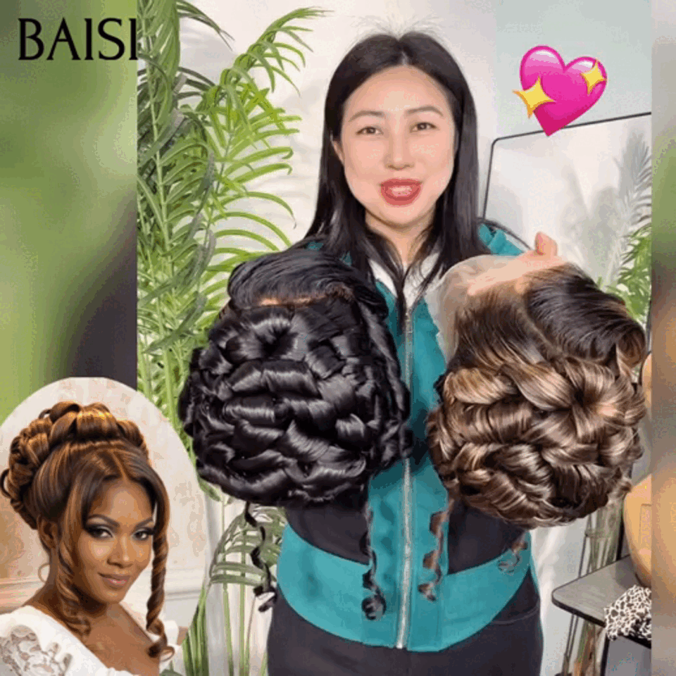 BAISI Coiffure de luxe Perruques Mariage 2 couleurs NOIR ou Marron Mixte Miel Prête à porter chignon et personalisation comme sur la vidéo 100% identique avec lace frontale événement spécial