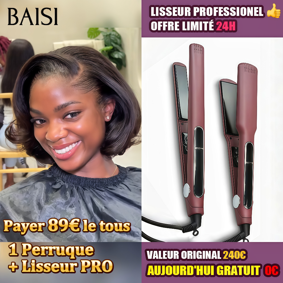 BAISI Offre spéciale Perruques Lisse BOB 13x4 Lace frontal Lisse 1 Perruque + Lisseur PRO Gratuite 89€ PROMO en 100% vrais cheveux humains