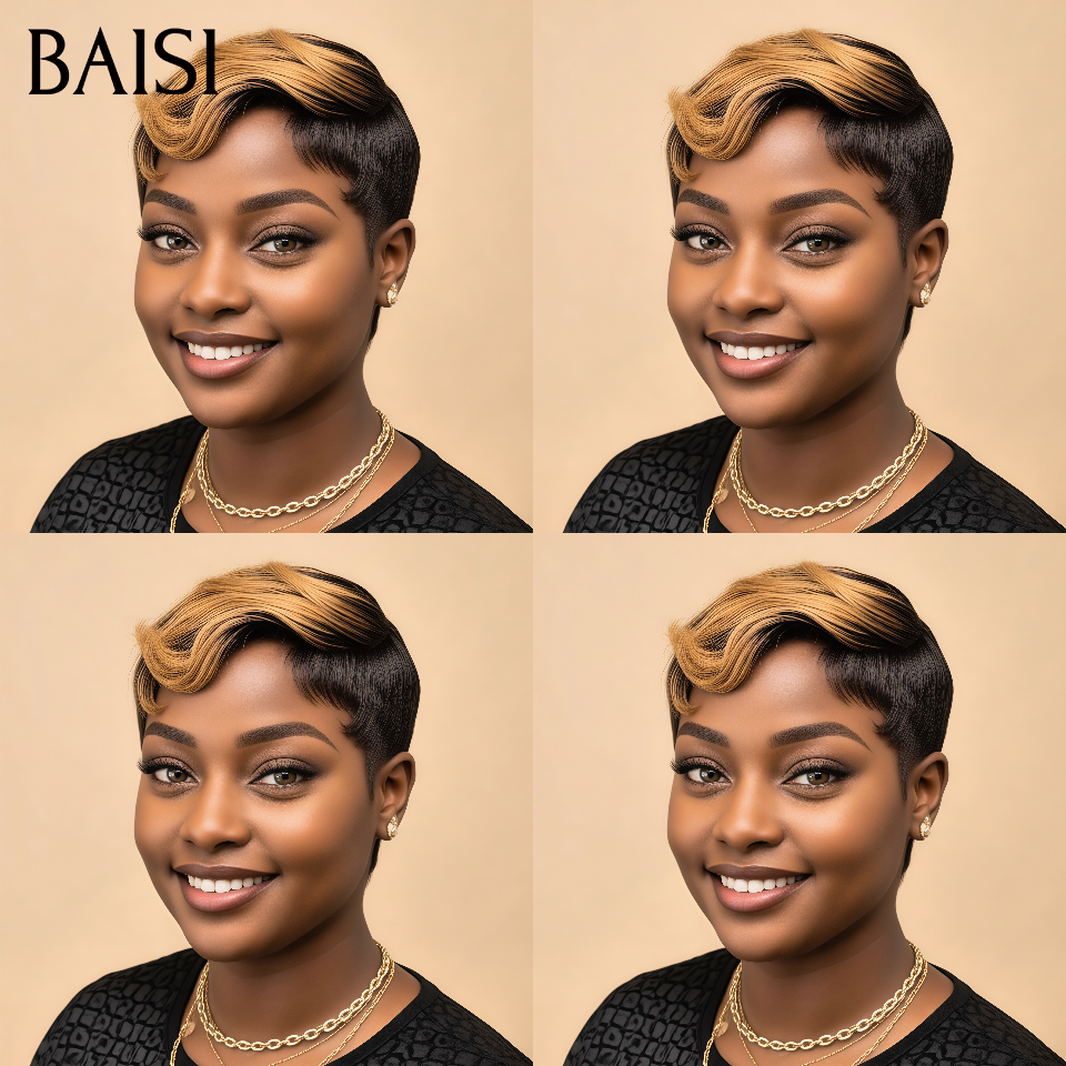 BAISI Perruque pixie water wave Miel sans Colle Fabriqué à la Machine 48€ Facile à porter Comme la photo en 100% Cheveux Humains