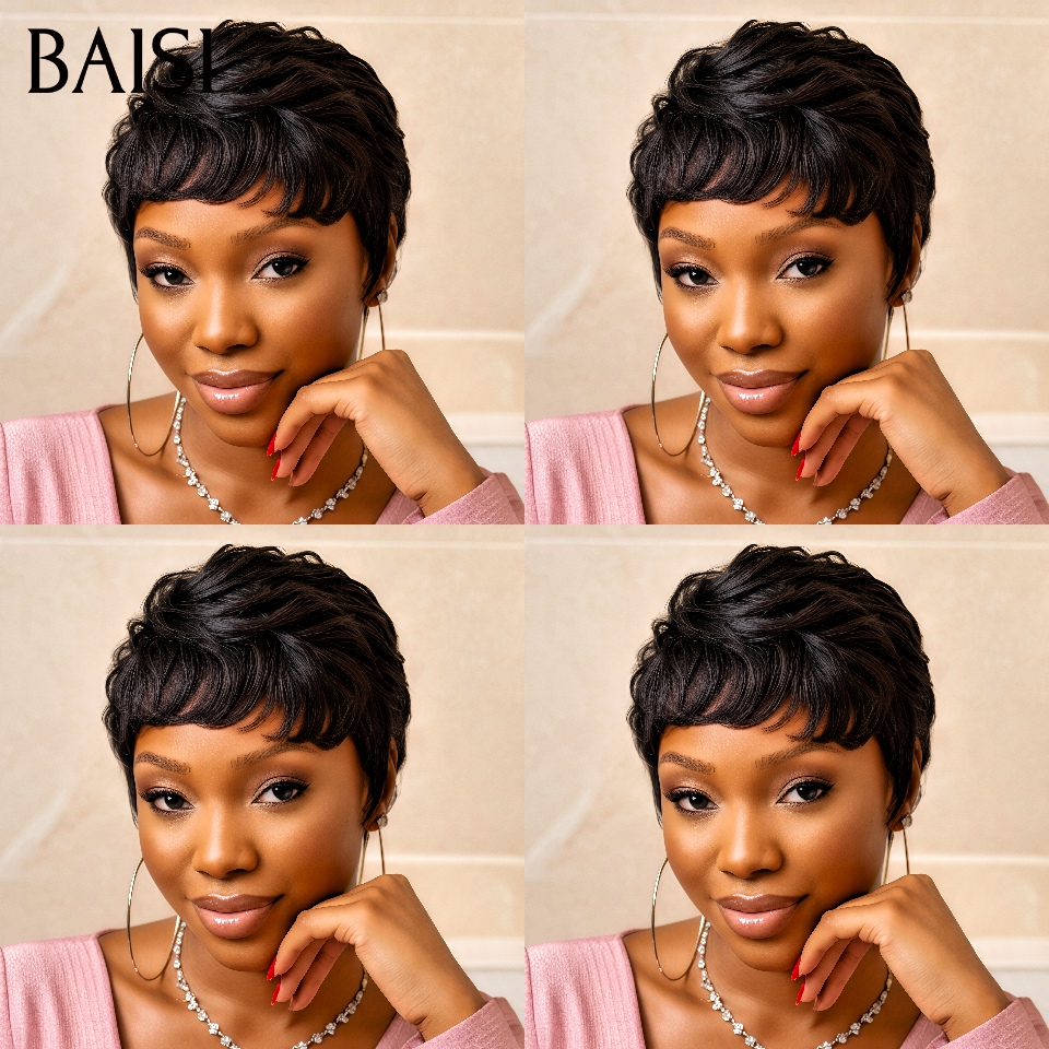 BAISI sem lace Peruca pixie lisa preta 48€ metade do preço ou lace 13x4 lisa em 100% cabelo humano MP50