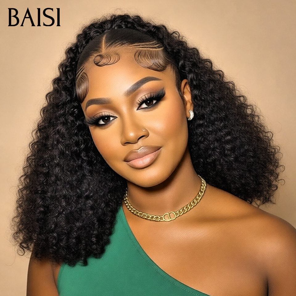 BAISI PROMO Nouveau produit 13x4 lace frontal Perruque curly wave bob 16 pouces 300% densité avec coiffure tressée natte en couleur noir 75€ Vidéo 100% Réelle en 100% Cheveux Humains