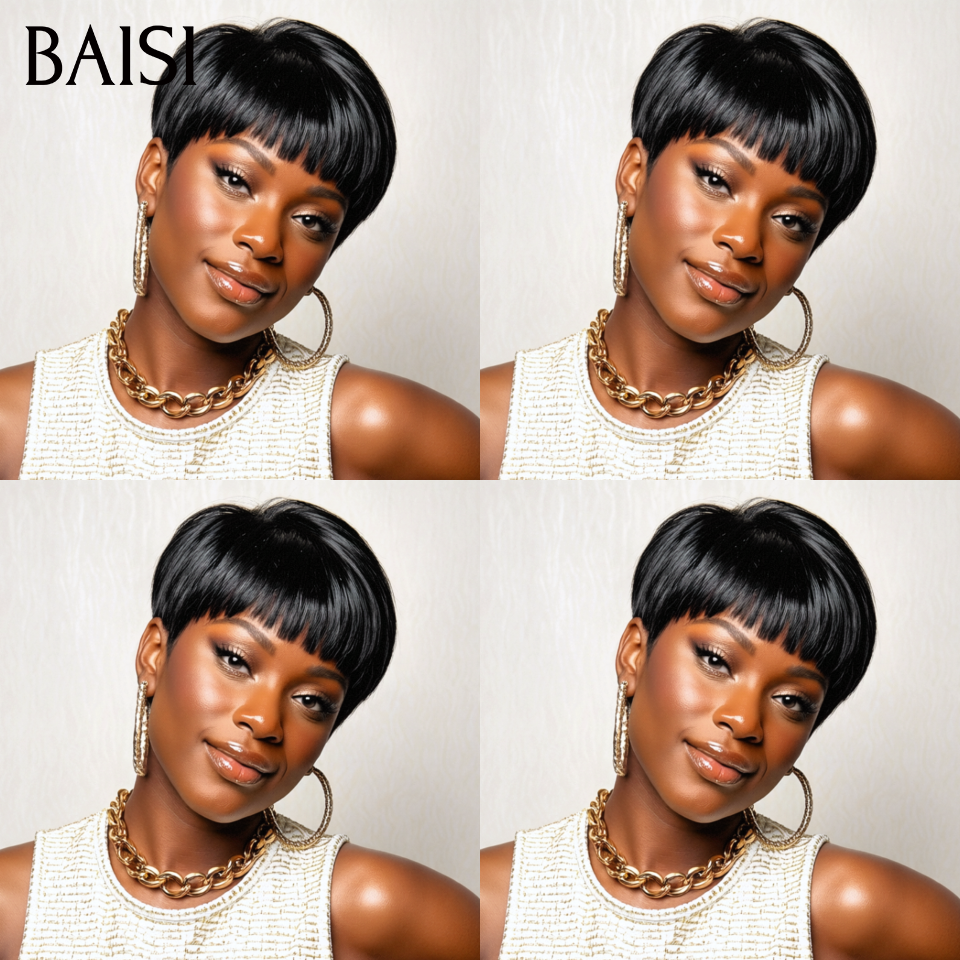 BAISI Achetez 2 perruques minimum au prix d'usine fournisseur pixie lisse en noir 30 € et ÉMILIE 13X4 lace sans colle en Couleur marron 4#T30#4# bob lisse en France TVA 0€ 250%densité(Pas Besoin de Code)