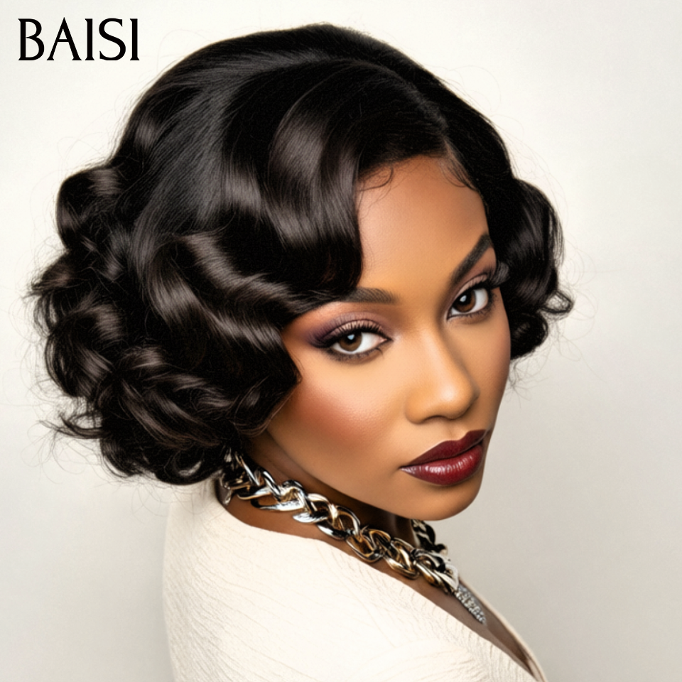 BAISI 5x5 lace Egg Wave em preto 76€ e 13X4 lace Peruca Pixie Cores personalizadas 1BT-4#350# 75€ em 100% Cabelo Humano FR38