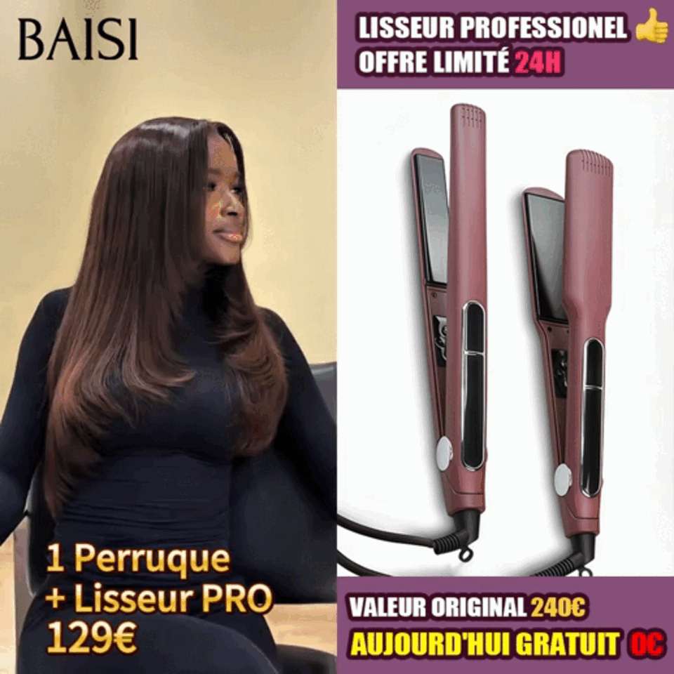 BAISI Offre spéciale Perruques Lisse avec Frange 20 Pouces Marron 1 Perruque + Lisseur PRO Gratuite 129€ PROMO en 100% vrais cheveux humains