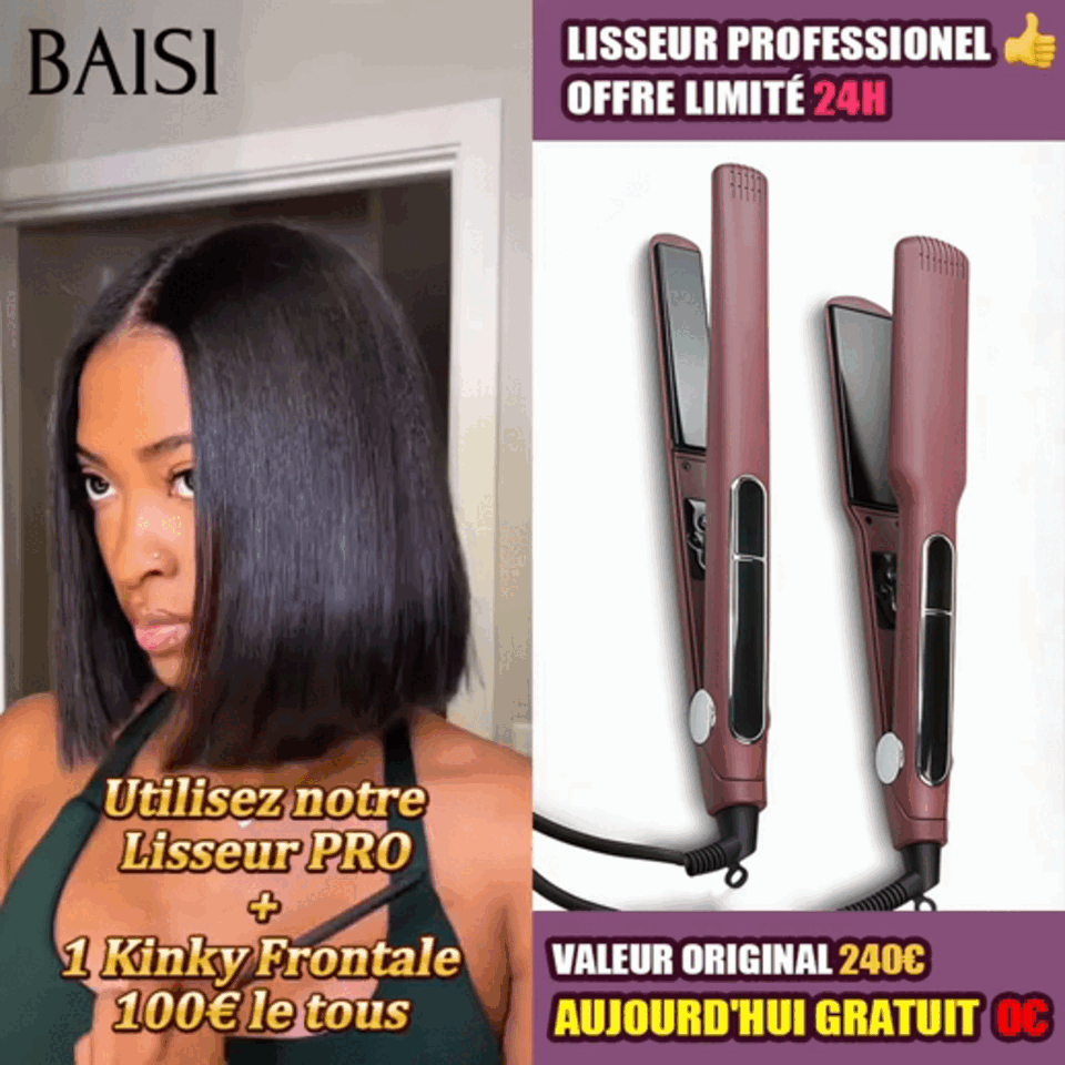 BAISI Offre spéciale Perruques 13x4 lace frontal kinky straight 10 Pouces NOIR 1 Perruque + Lisseur PRO Gratuite 100€ PROMO en 100% vrais cheveux humains