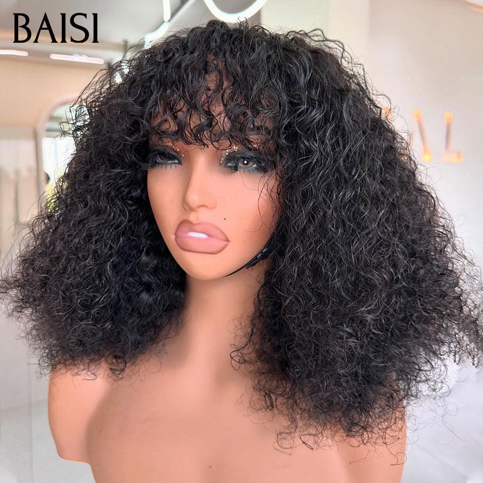 BAISI Perruque Bob water wave avec Frange 12 Pouces 78€ en Noir Sans Lace sans Colle en 100% Cheveux Humains