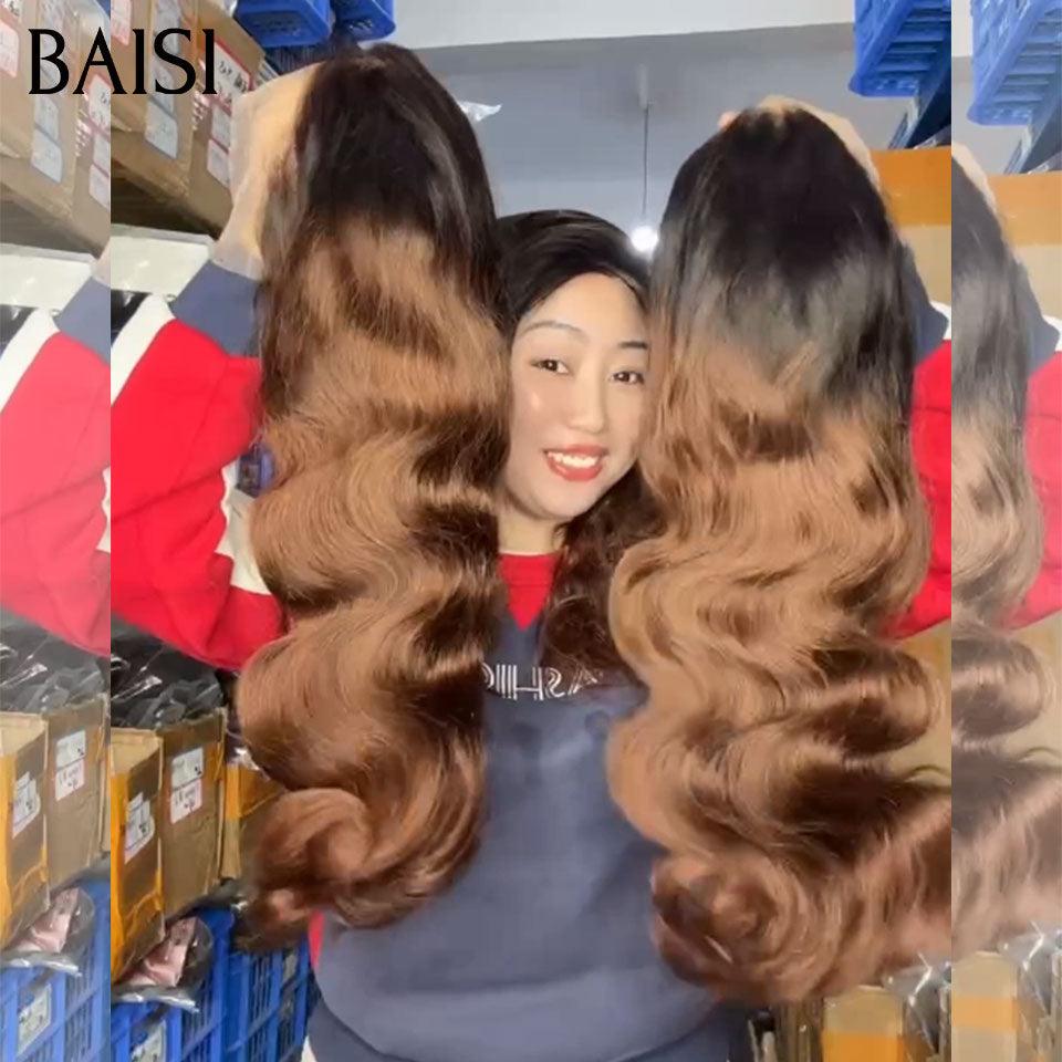 BAISI 13x4 Frontal-Körperwellen-Perücke in Braun #1B4, vorgezupft, kein Kleber erforderlich, aus 100 % Rohhaar, Spitze bereits geschnitten