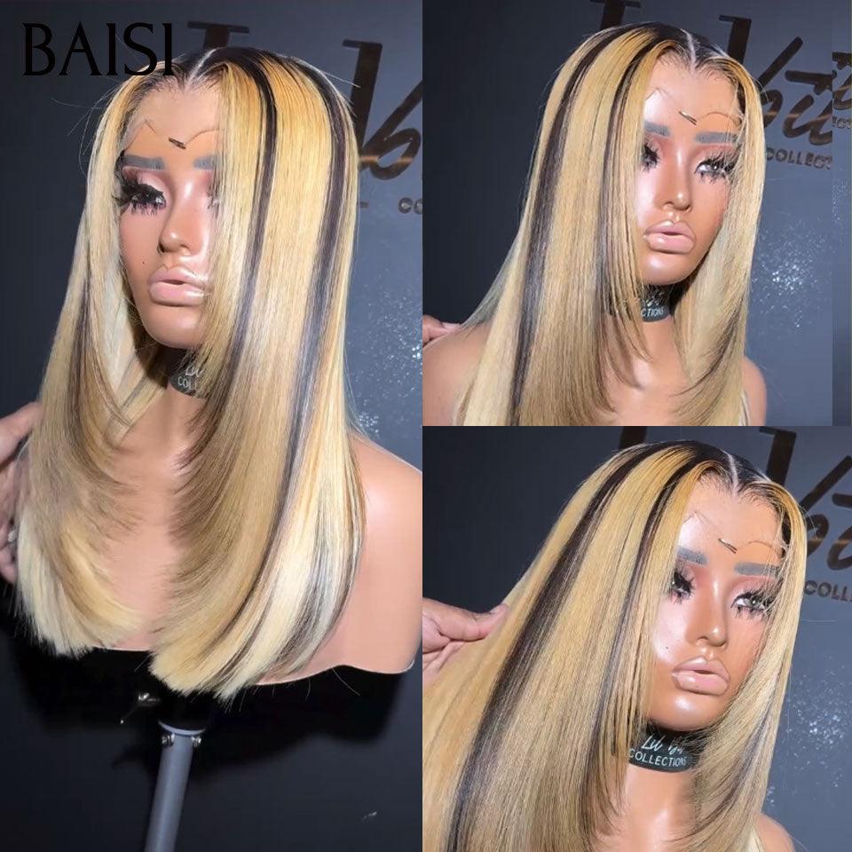 BAISI 13x4 straight bob wig in color #1B #99J highlights in 100% real human hair