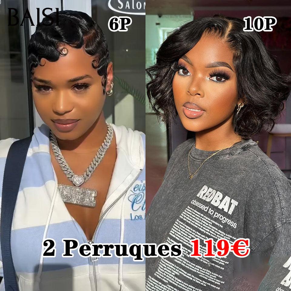 BAISI 2 Perruques bob 96€ 13X4 lace bob Perruque 1BT4# 8 pouces + pixie 9188 ou 119€ 4x4 lace body wave 10pouces +pixie water wave 6 pouces en 100% vrais cheveux humains