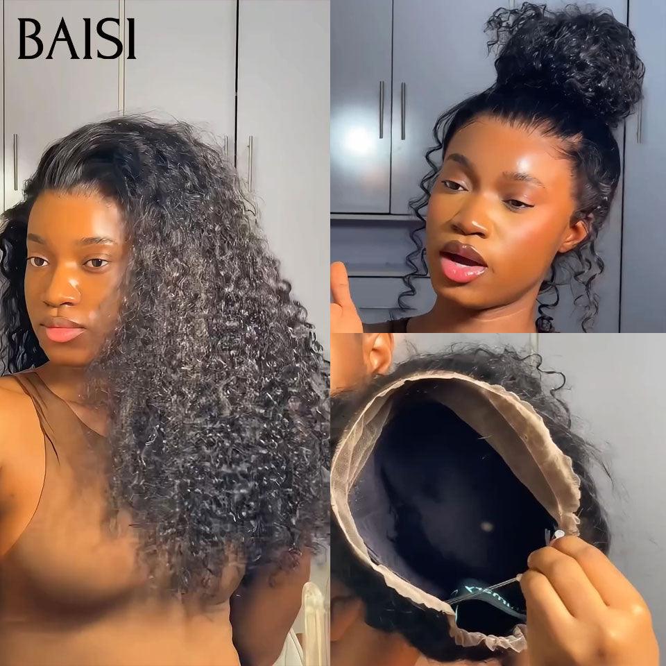 BAISI perruque Upgrade Invisible Strap curly wave Lace frontale 360 invisible et réglable Pré-plucked Pas Besoin de Colle 250% densité en 100% Raw Hair Lace déjà couper