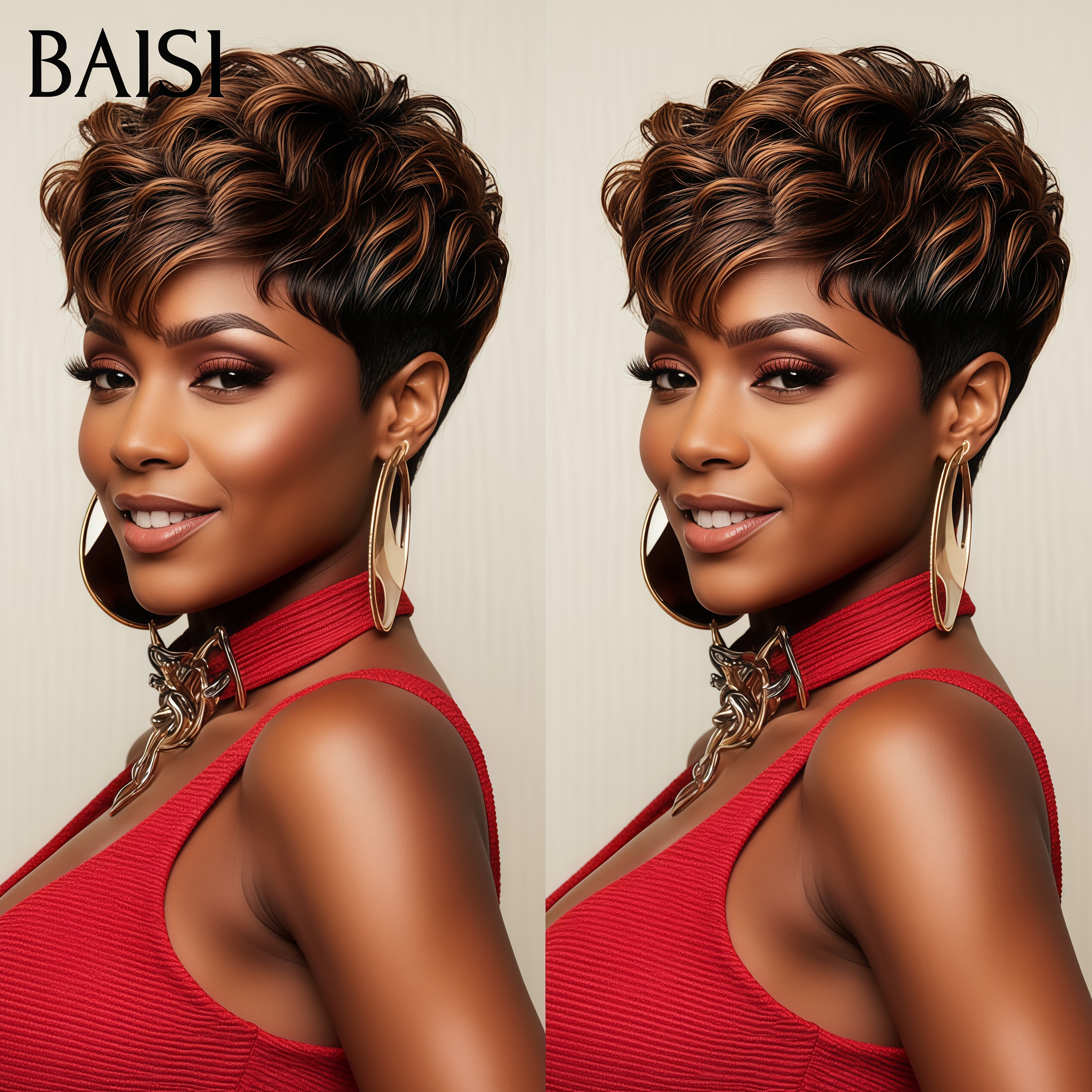 BAISI Perruque Pixie bouclé petite coupe Mixte brun Couleur 68€ ou Noir 6 pouces 58€ Moitié Prix En 100% Cheveux Humains MP50