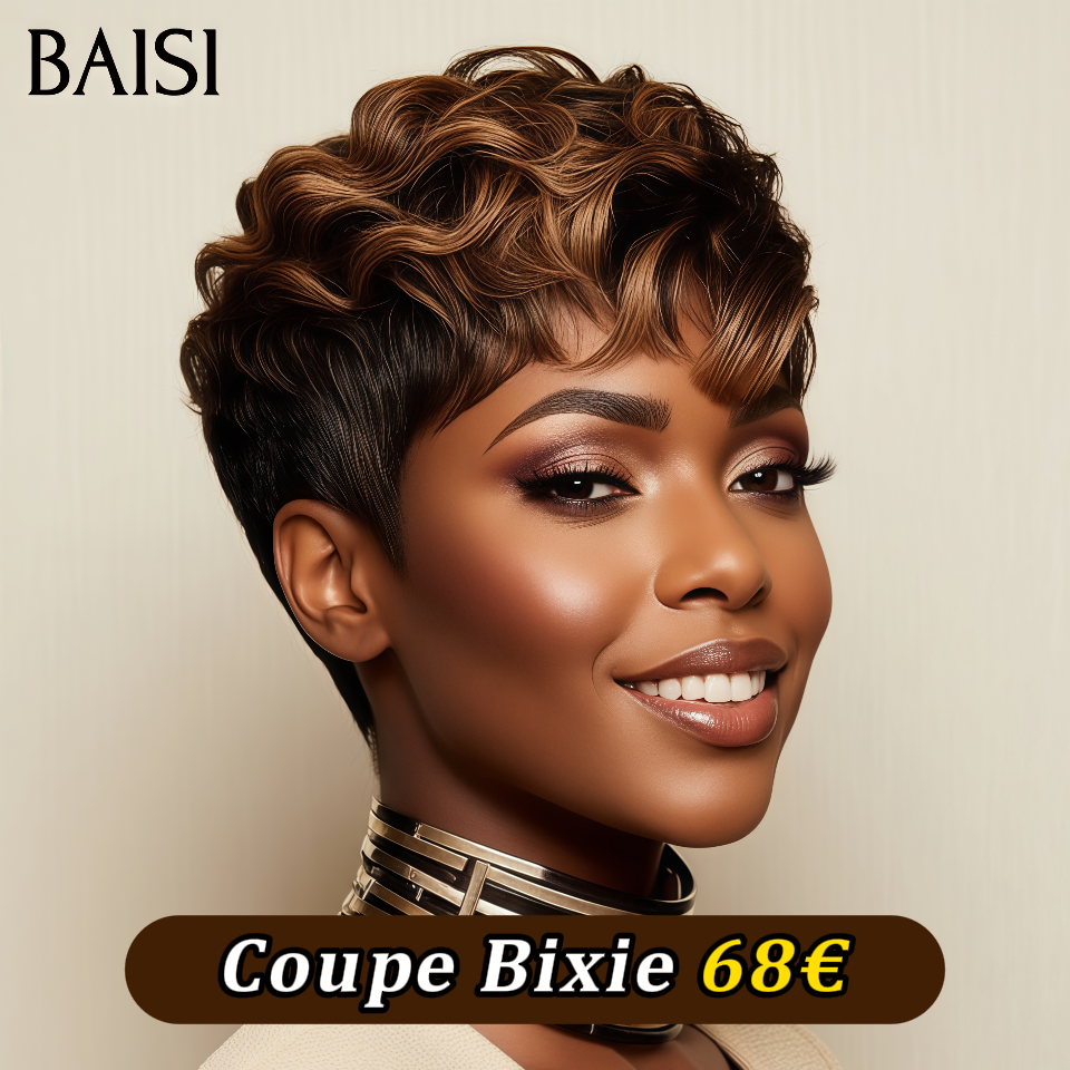 Perruque Bixie 68€ mixte miel sans Colle Fabriqué à la Machine Facile à porter en 100% Cheveux Humains BS65