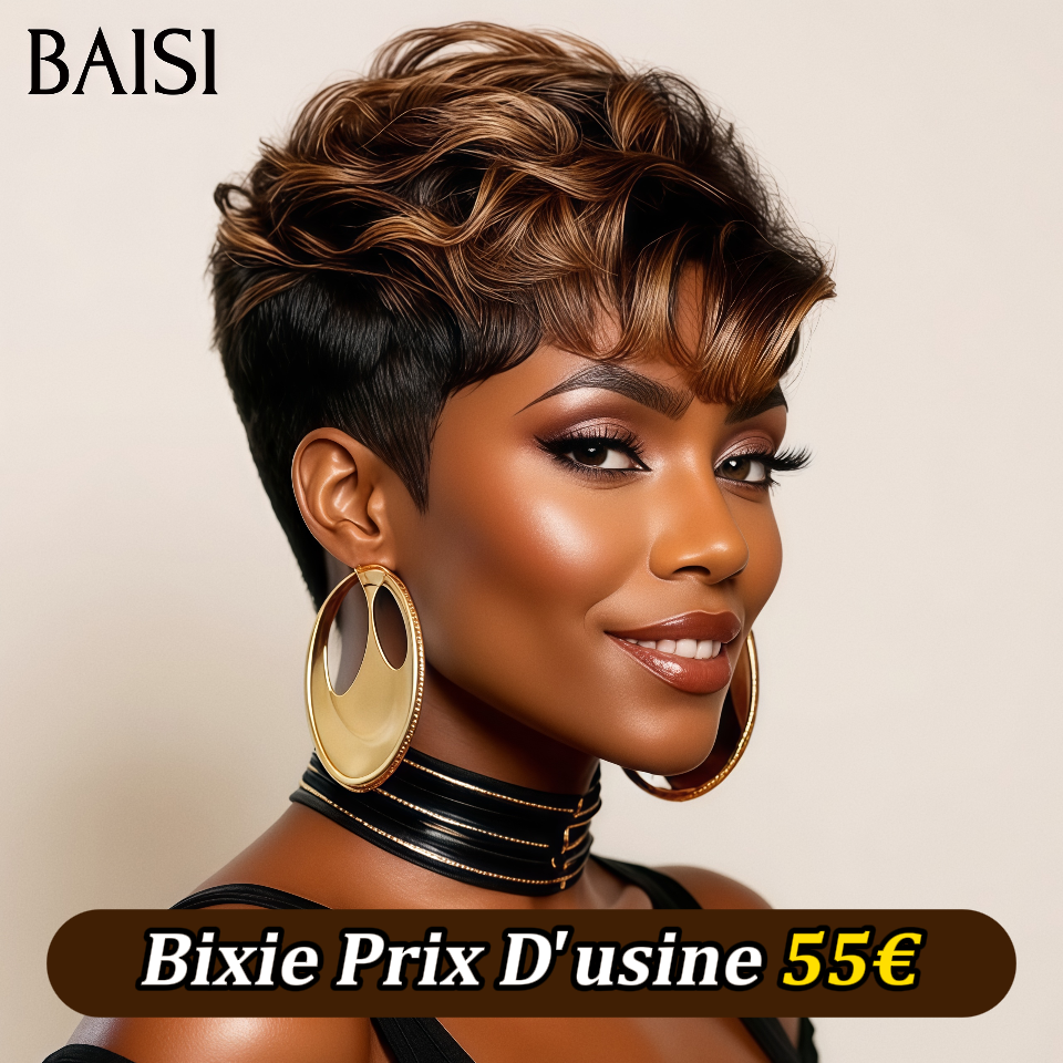 BAISI Achetez 2 perruques minimum au prix d'usine fournisseur bixie sans colle Perruque Bouclée pixie mixte miel En 100% Cheveux Humains (Pas Besoins De Code)