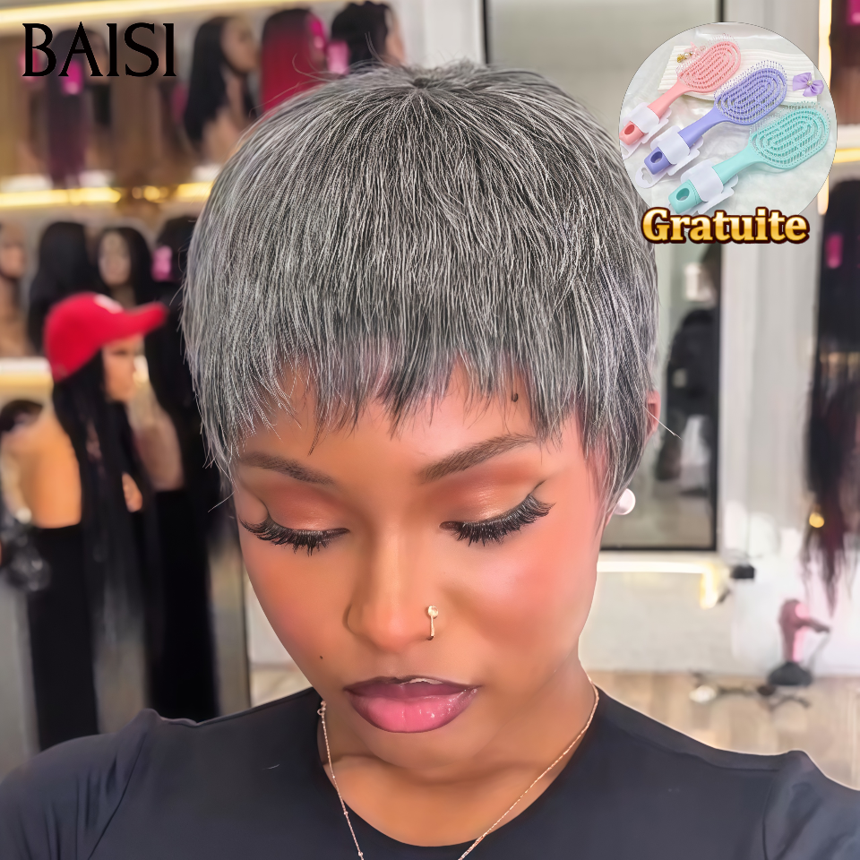 Collection Perruques Poivre et Sel Perruque pixie Lisse gris sans Colle Pixie Gris +1 Brosse Gratuite 55€ Fabriqué à la Machine Facile à porter en 100% Cheveux Humains