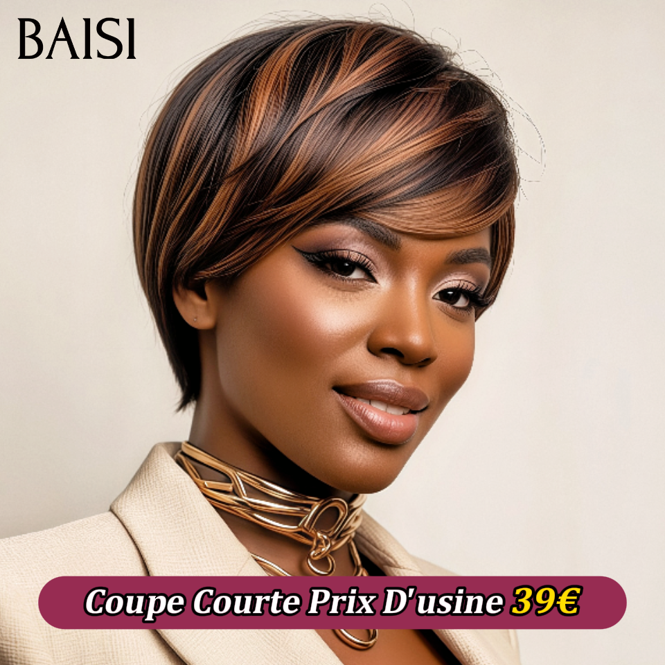 BAISI Achetez 2 perruques minimum au prix d'usine fournisseur Coupe Courte Prix D'usine 39€ Lisse En NOIR Mixte brun Pré-plucked Pas Besoin de Colle en 100% Raw Hair Lace déjà couper
