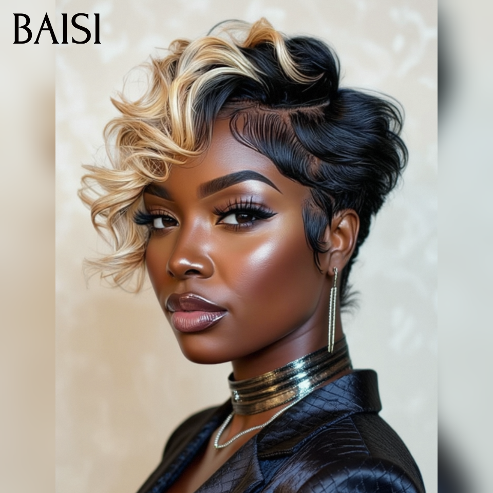 BAISI Achetez 2 perruques minimum au prix d'usine fournisseur Perruque pixie Naturelle Wave NOIR Mixte blonde Boucles Lâches 59€ En 100% Cheveux Humains (Pas Besoin de Code)