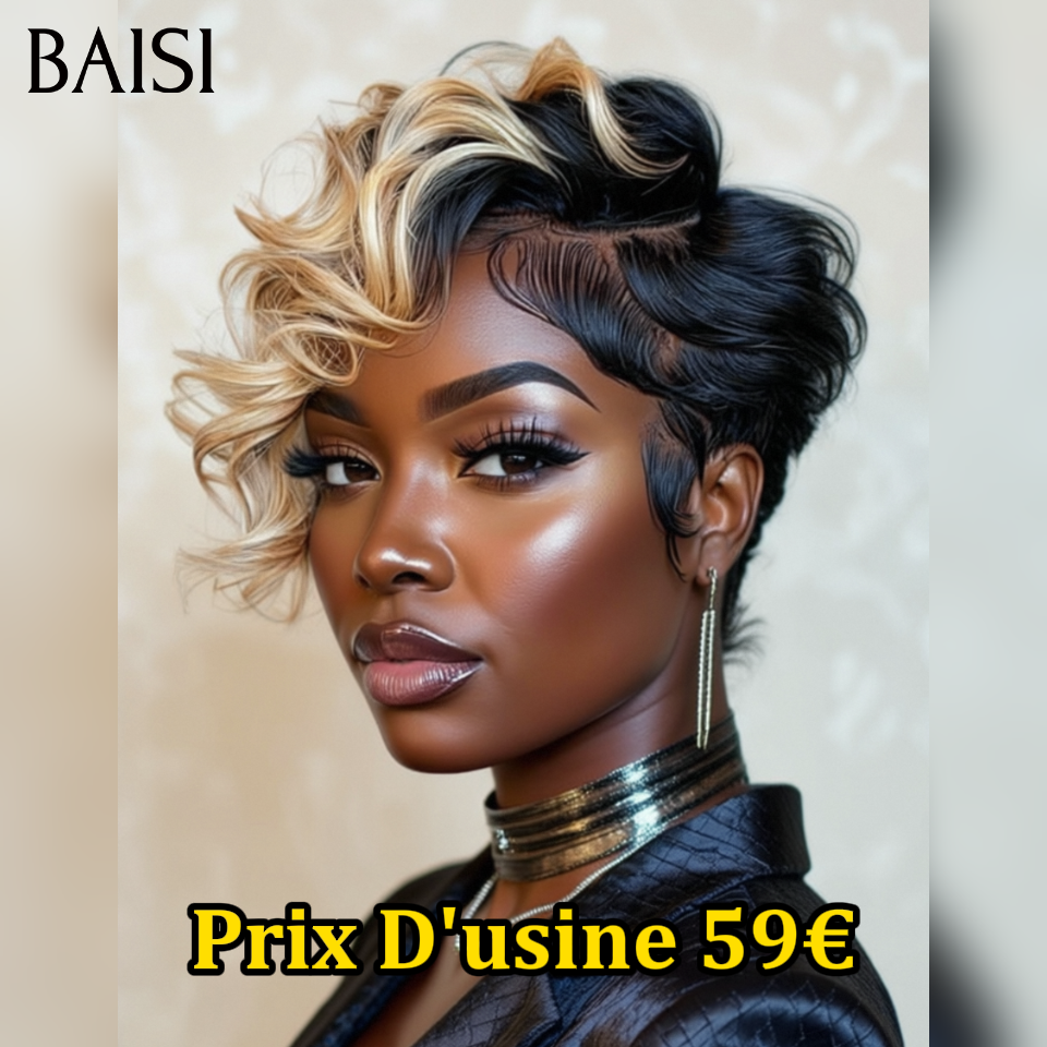 BAISI Achetez 2 perruques minimum au prix d'usine fournisseur Perruque pixie Naturelle Wave NOIR Mixte blonde Boucles Lâches 59€ En 100% Cheveux Humains (Pas Besoin de Code)