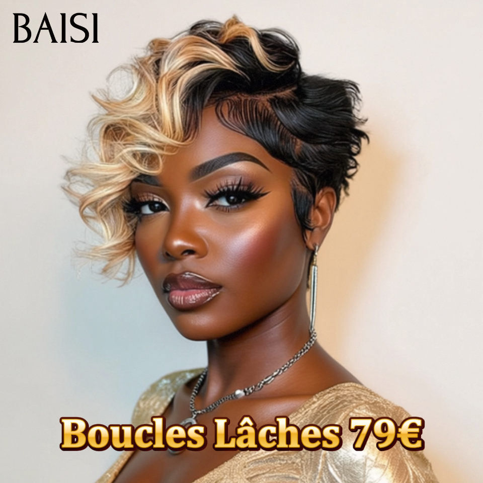 BAISI 13X4 lace Perruque Pixie vague Coiffure 2 couleur Mixte ou blonde 613# 6 Pouces Naturelle wave en 100% Cheveux Humains