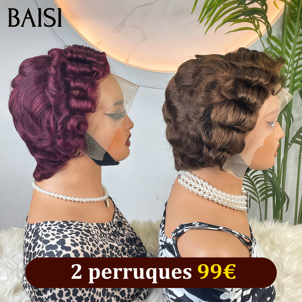 13x4 lace frontal pixie pour revendre 2 perruques 99€ finger wave en 2 couleurs Marron et Bordeaux en 100% vrais cheveux humains