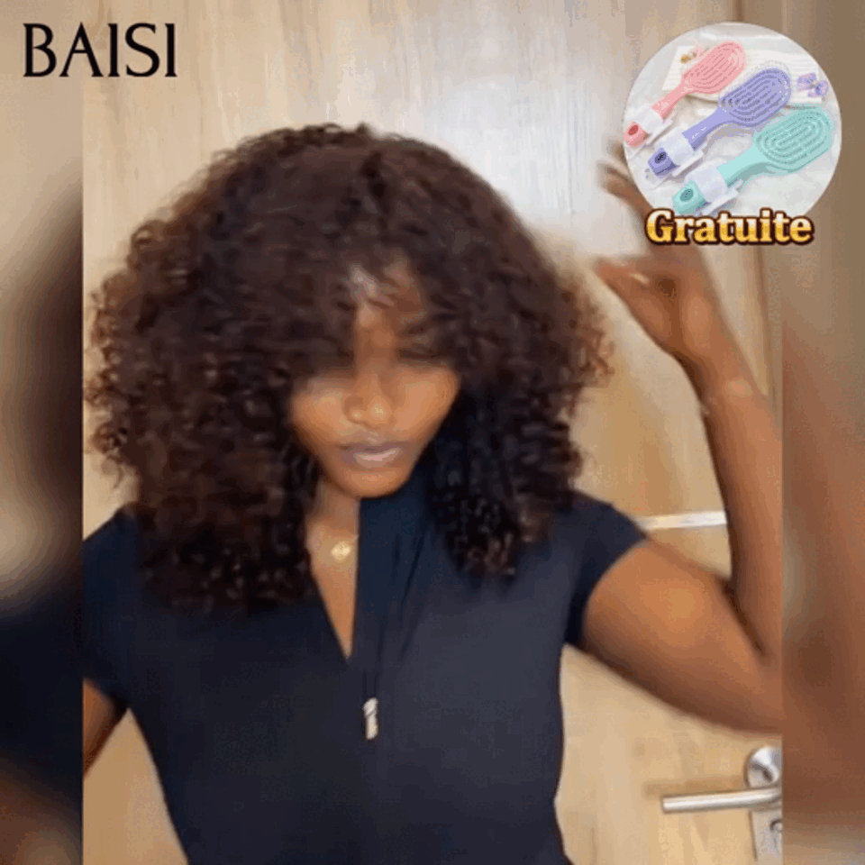 sans lace sans Colle curly Wave avec Frange en Marron + Brosse Gratuite 99€ PROMO en 100% vrais cheveux humains