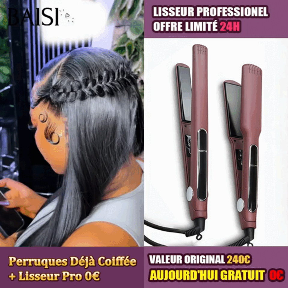 13x4 lace frontal Offre spéciale long Lisse avec coiffure tressée natte Perruques Déjà Coiffée + Lisseur Pro 0€ Gratuite PROMO en 100% vrais cheveux humains
