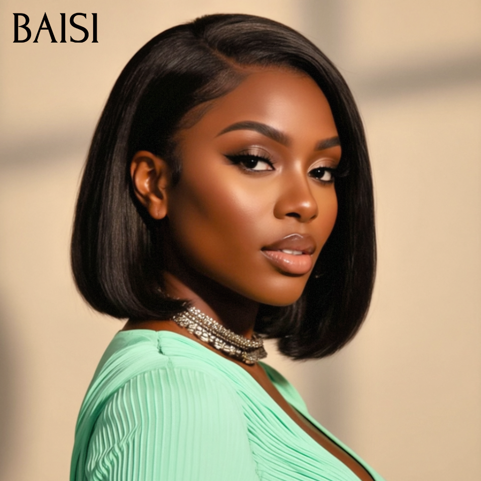 BAISI Perruques de Luxe 2X6 Lace Perruque BOB Noir Lisse 8 Pouce 85€ en 100% Cheveux Humains Vietnam Hair 300% densité