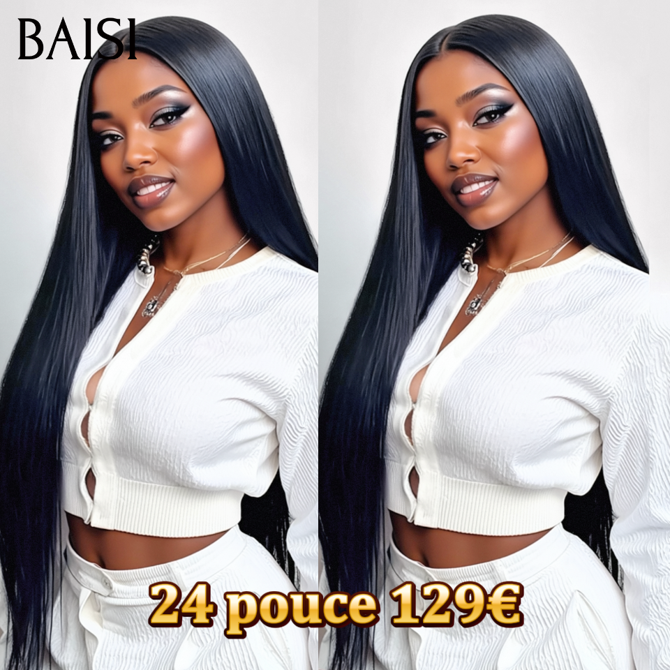 BAISI Perruque 22 pouce 119€ noir 13X4 frontale lace lisse 100% Cheveux Humains