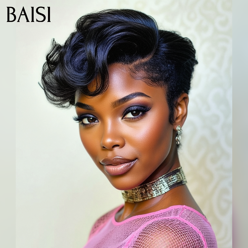 BAISI Perruque 13X4 lace frontal BOB Lisse Raie sur le côté 1B# 66€ en 100% Cheveux Humains