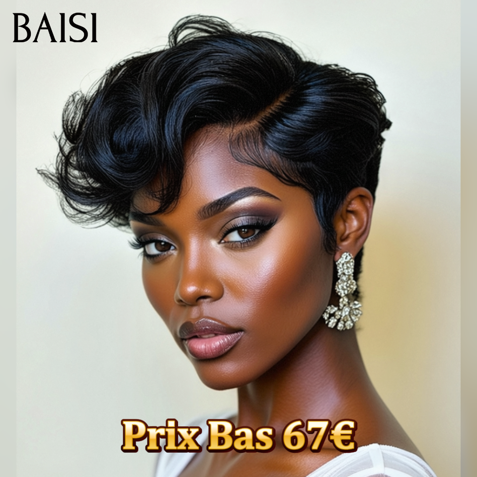 BAISI Pixie Cut Lace Frontal 13x4 liso preto 67€ ou encaracolado em preto e mel 1BT27# 98€ em 100% cabelo humano verdadeiro
