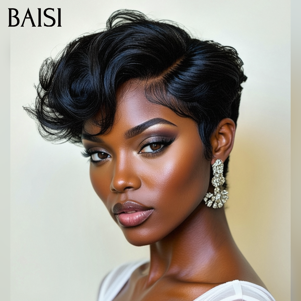BAISI Pixie Cut Lace Frontal 13x4 liso preto 67€ ou encaracolado em preto e mel 1BT27# 98€ em 100% cabelo humano verdadeiro