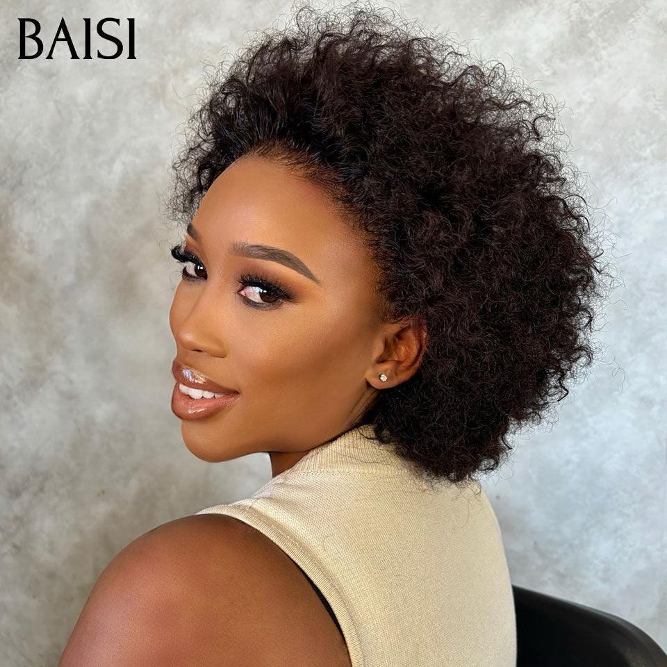 BAISI Prix Perruque Pixie 13x4 lace frontal Marron curly wave 48€ ou Noir Afro Curl 78€ 10Pouces en 100% cheveux humains FR38