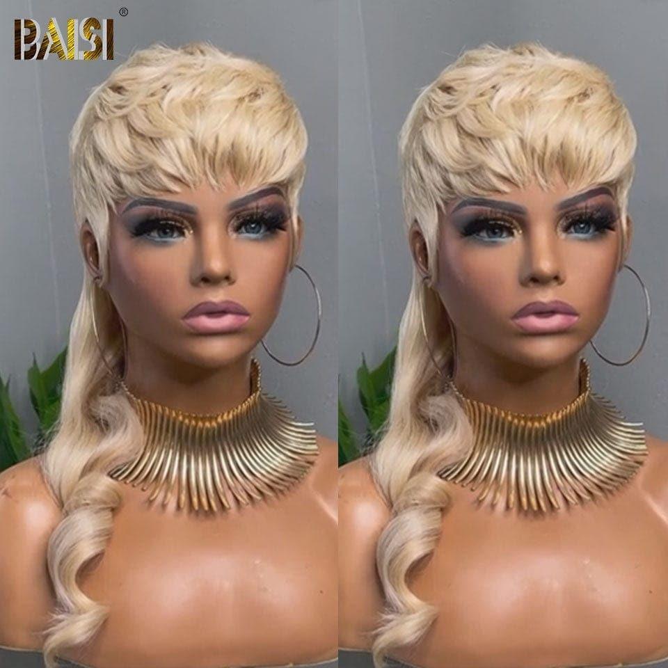 BAISI Topmodel Vokuhila-Perücke in Blond Nr. 613 aus 100 % Echthaar. Hergestellt aus doppelt gezogenen, geraden Strähnen von oben nach unten, gleiche Größe, gleiches Volumen, mehr als 20 Jahre Gebrauch