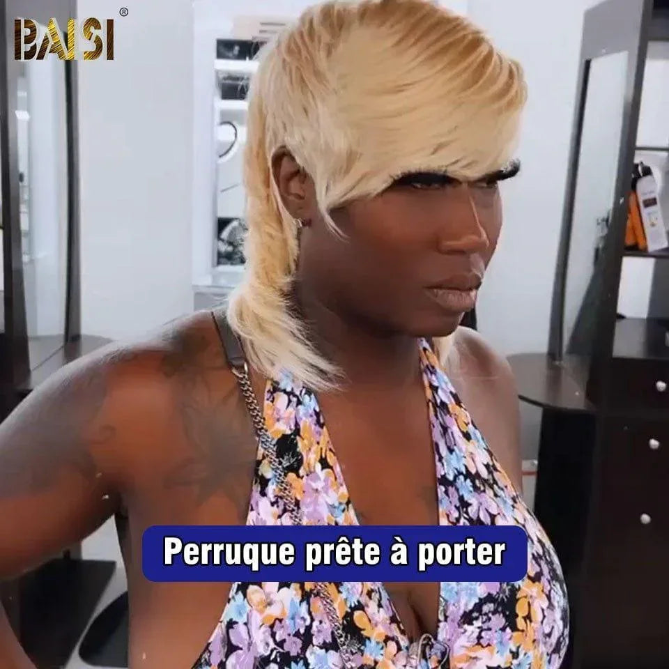 BAISI Top Model MULLET Style Natural Wave Wig in Natural Color #1B or Blonde in 100% Human Hair