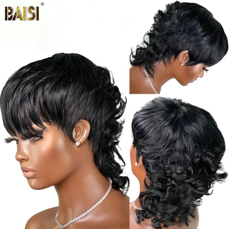 BAISI Top Model MULLET Style Natural Wave Wig in Natural Color #1B or Blonde in 100% Human Hair