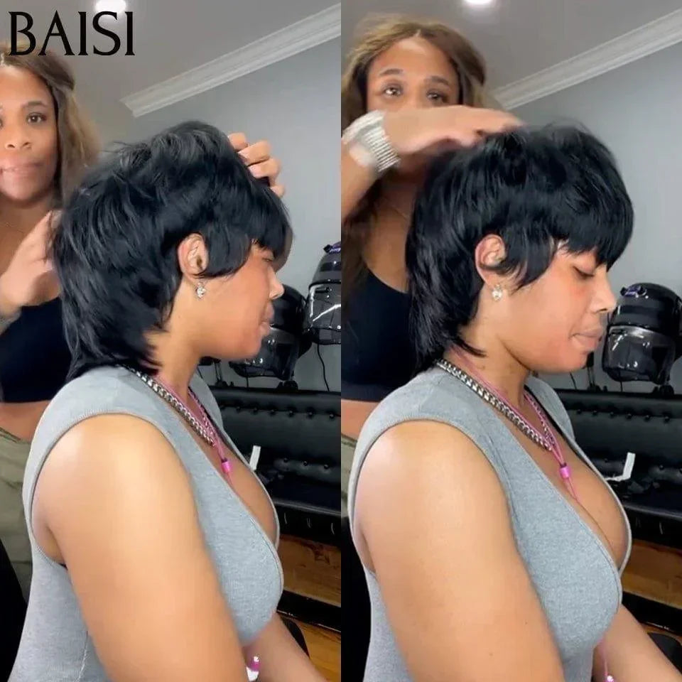 Parrucca corta stile MULLET BAISI in nero senza colla, facile da indossare, 100% capelli umani