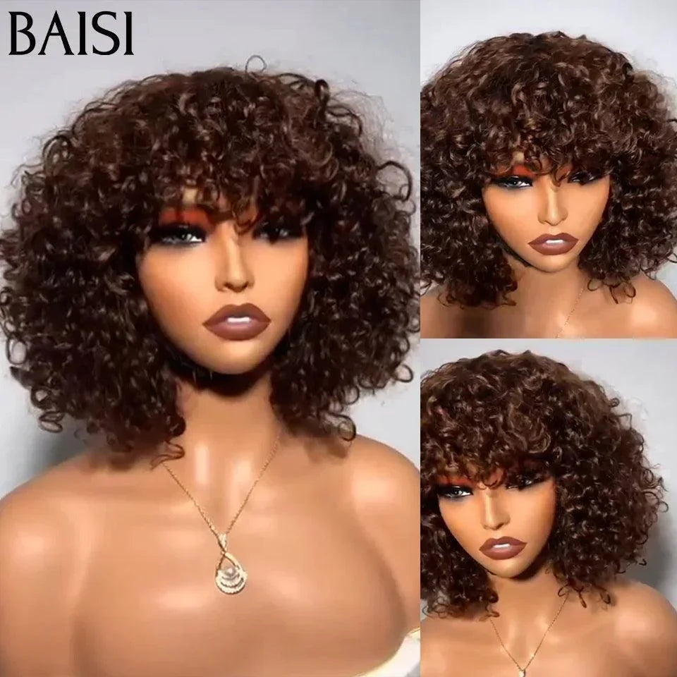 BAISI Offre Flash 98€ Perruque Bouclée Water Wave Couleur Marron Sans Lace Sans Colle en 100% Cheveux Humains FR38