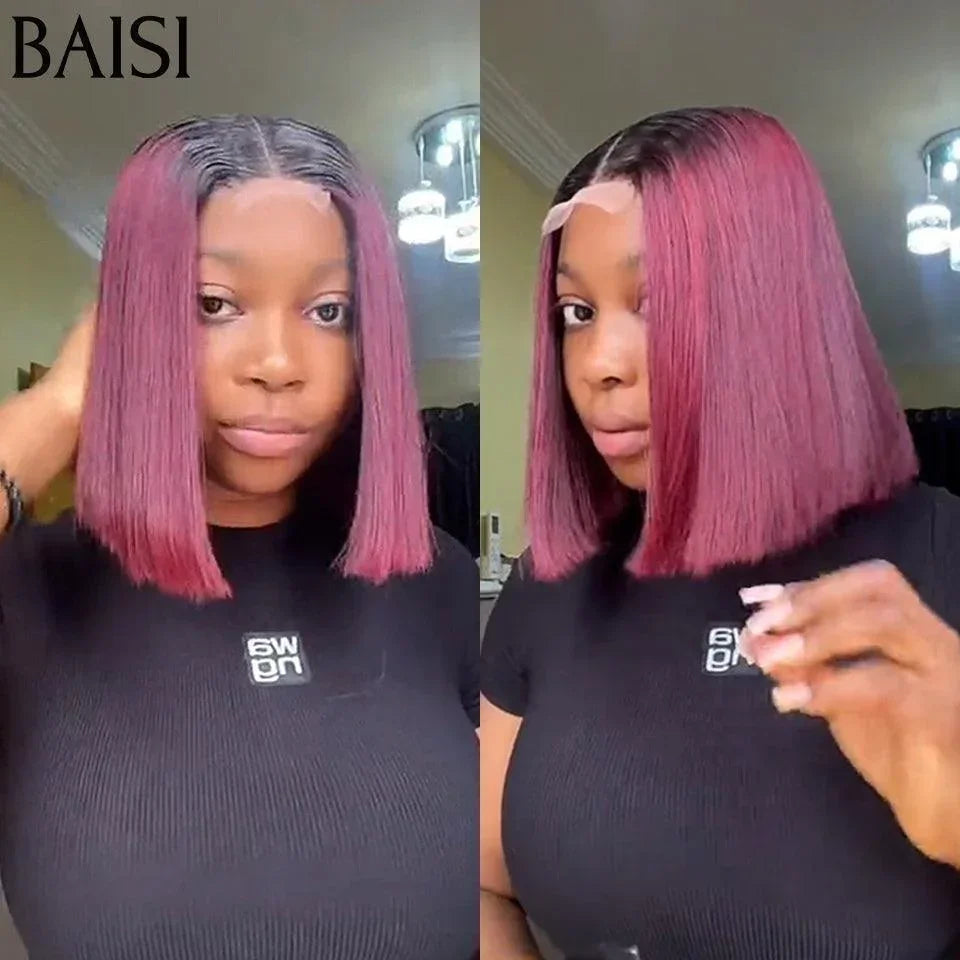 BAISI Flash Offer €99 100% Vietnam Hair 2X6 High Quality Luxury Wigs 250% density Straight BOB in Burgundy Color with black root 1BT99J# in 100% Human Hair FR38