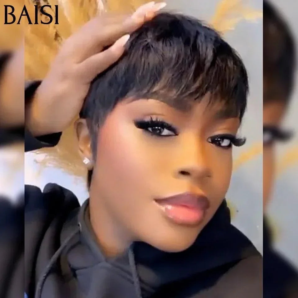 BAISI Pixie 42 € in der Farbe Brown Mix Honey 4#27# 9047 Pixie Black #026, kleiner Schnitt, maschinell hergestellt, ohne Kleber, ohne Spitze