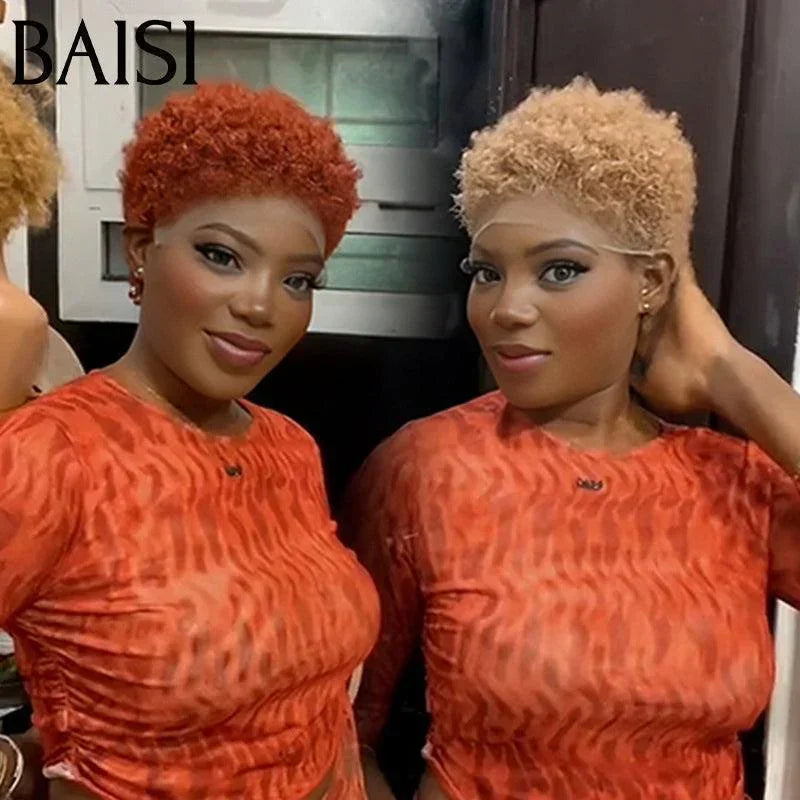BAISI Perruque Pixie Afro Curl 13x4 lace frontal bouclé partout Couleur Miel 27# & Orange #350 en 100% cheveux humains F-905