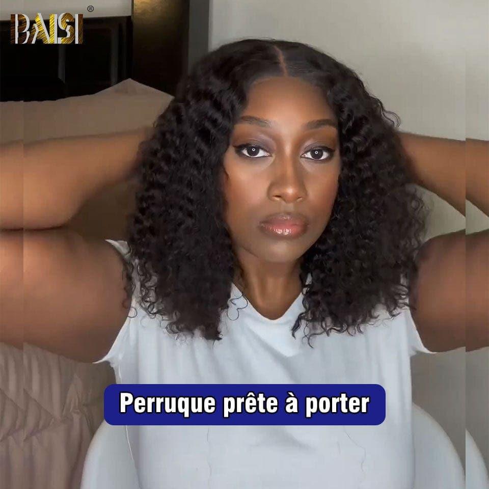 BAISI Achetez 2 perruques minimum au prix d'usine fournisseur en France TVA 0€ 48H arrivé 13x4 Frontal Perruque Curly Wave 10 pouce 79€ en noir Pré-plucked Pas Besoin de Colle en 100% Raw Hair