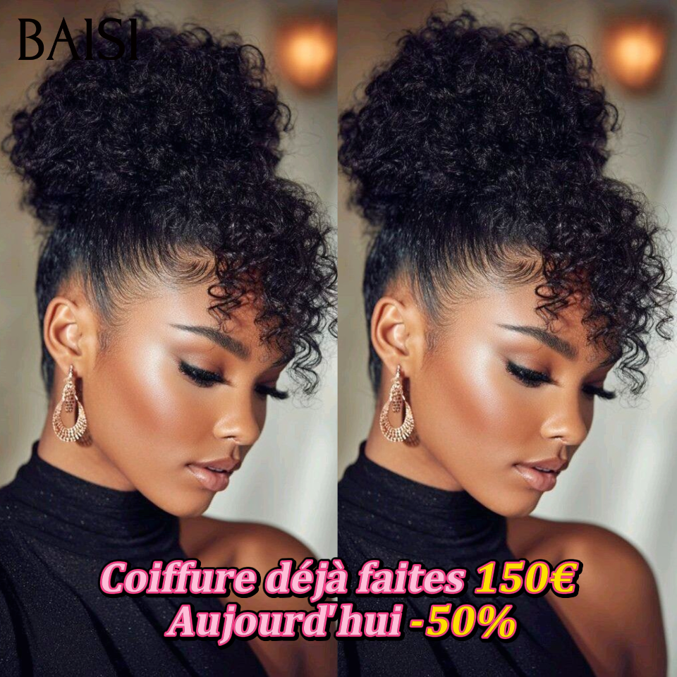 Nouveau produit 13x4 lace frontal curly wave Perruque en chignon bun Coiffure déjà faites 150€ NOIR PROMO en 100% Cheveux Humains