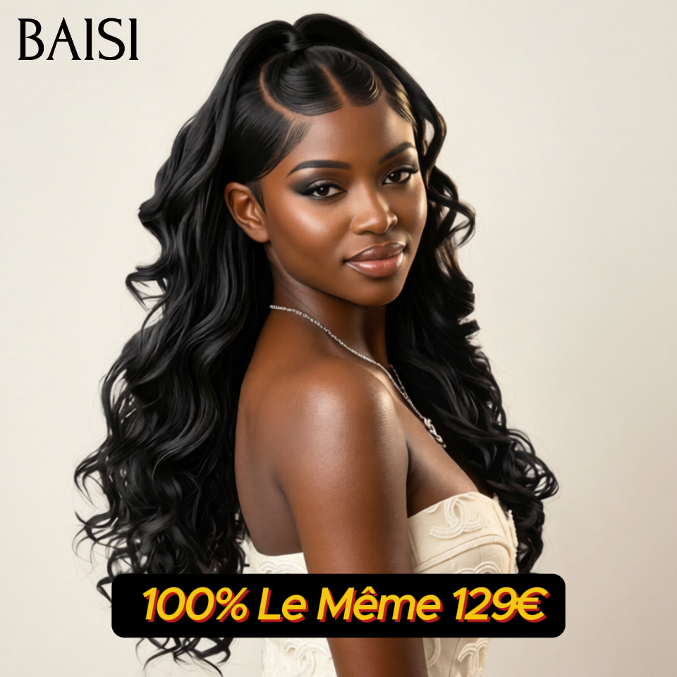 BAISI 13x4 Lace Frontal Perruque Body Wave en Noir avec coiffure tressée natte en 100% Cheveux Humains