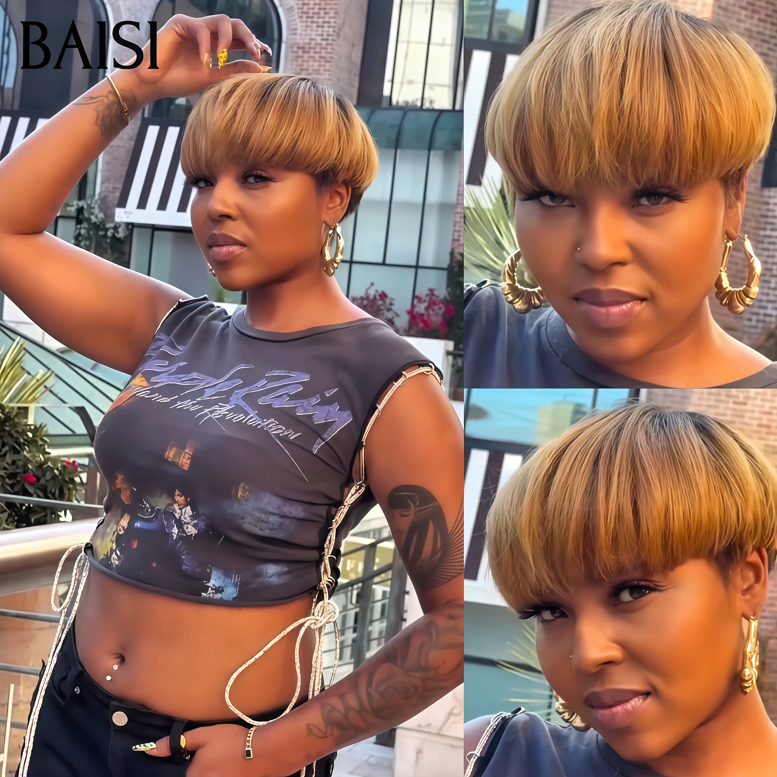 BAISI pixie ricci ondulati senza pizzo senza colla colori 1BMix30# o Honey 30# € 59 in capelli umani al 100%