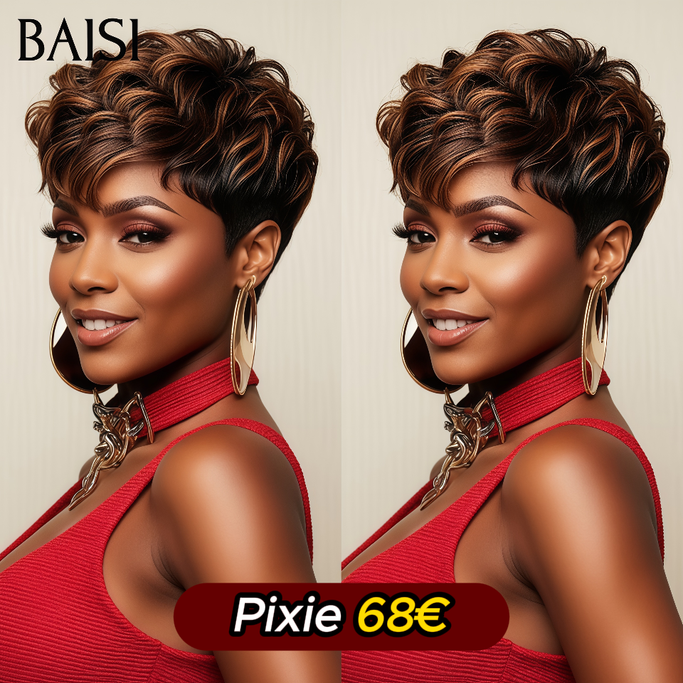 BAISI Perruque Pixie bouclé petite coupe Mixte brun Couleur 68€ ou Noir 6 pouces 58€ Moitié Prix En 100% Cheveux Humains MP50