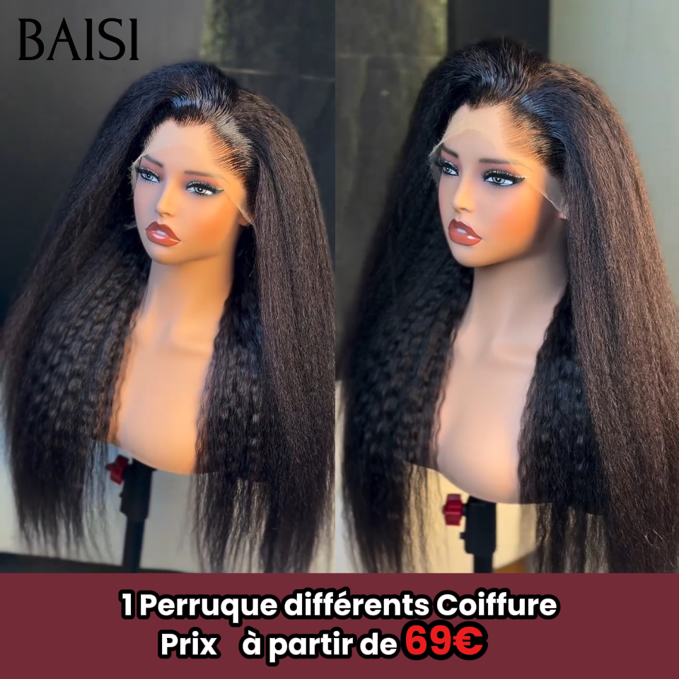 BAISI Perruque Naturelle En Lace Frontal Kinky Straight Yaki Straight En 100% Cheveux Humains De Bonne Qualité B